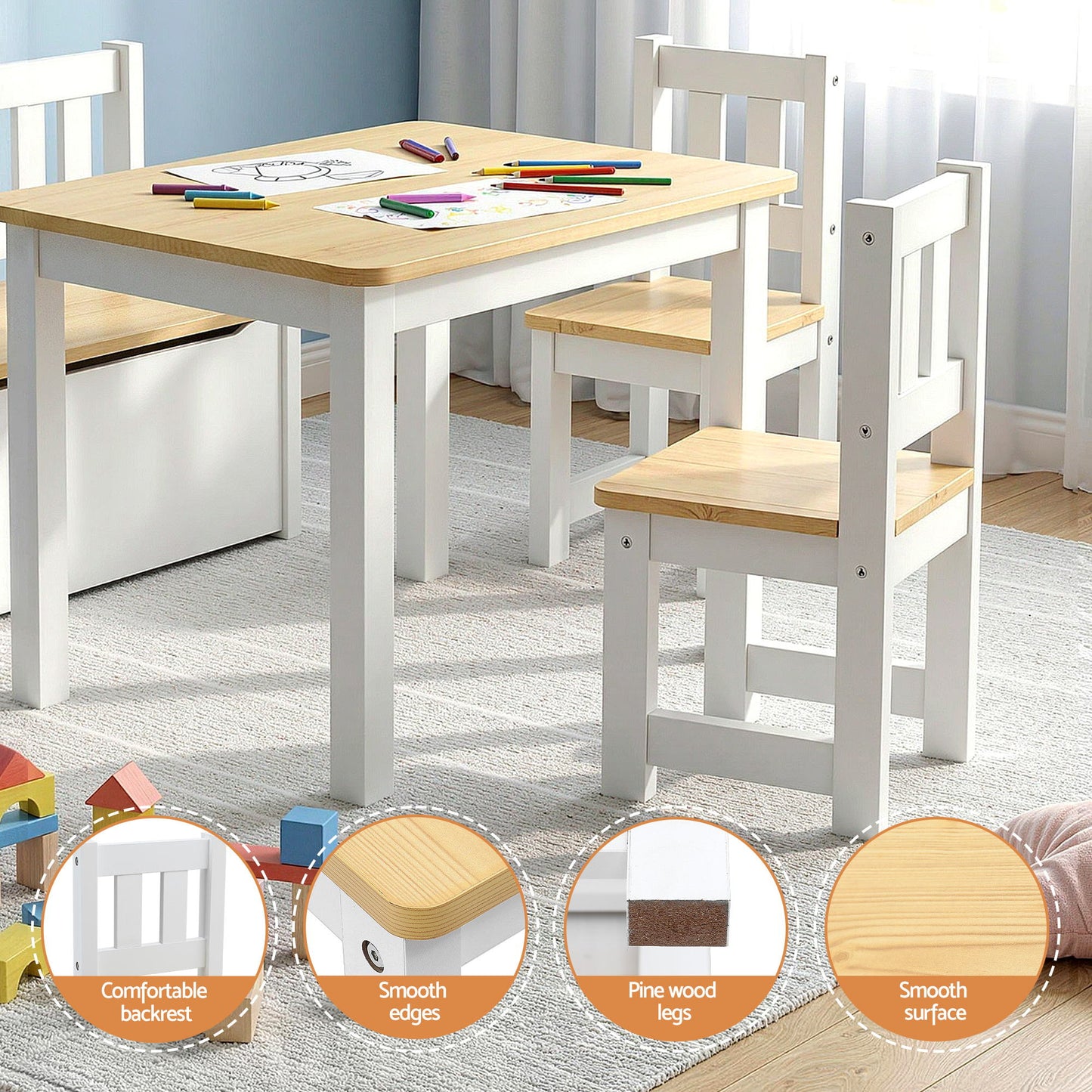 Kids 2-in-1 Activity Table Set with Storage Bench and 2 Chairs – Natural Wood Finish