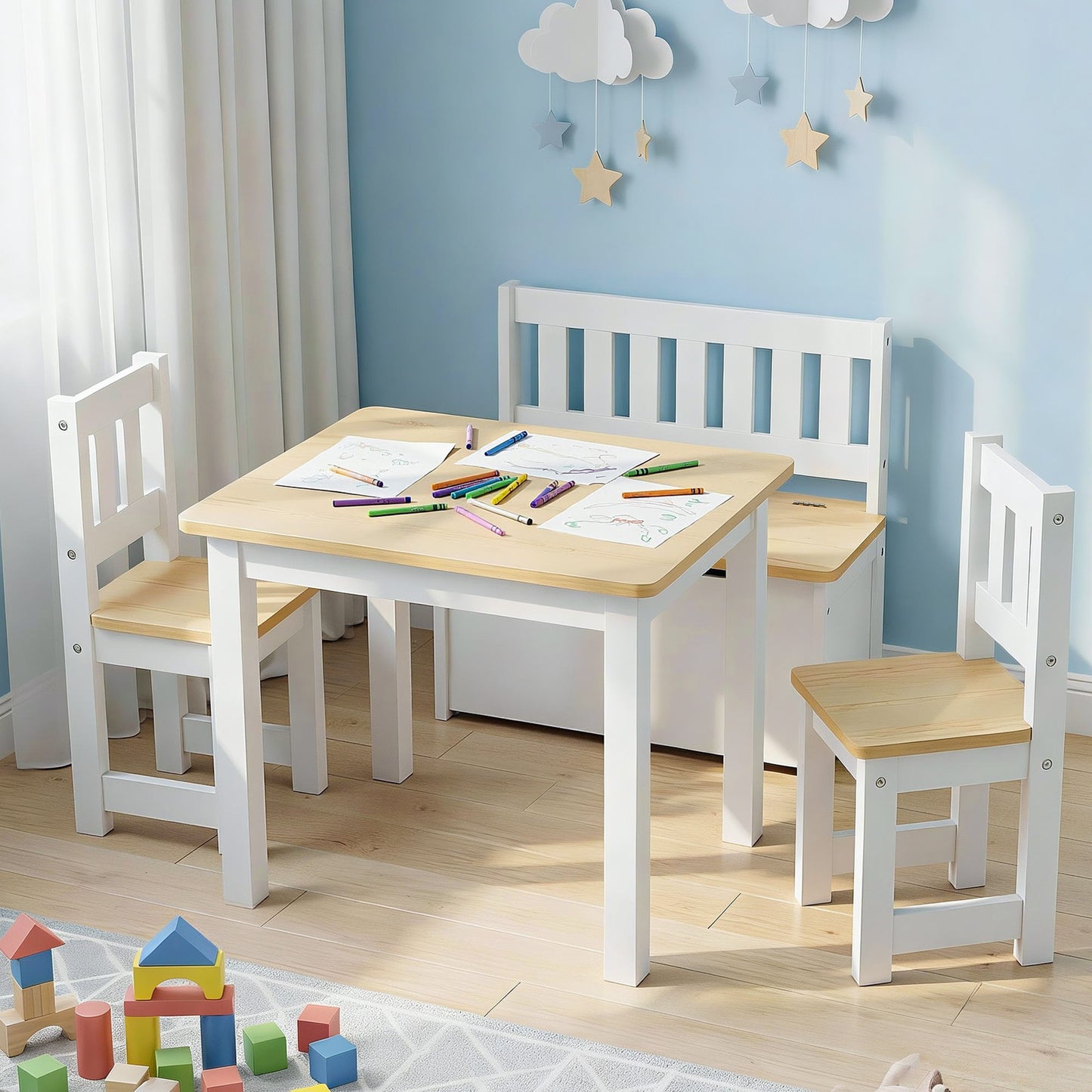 Kids 2-in-1 Activity Table Set with Storage Bench and 2 Chairs – Natural Wood Finish