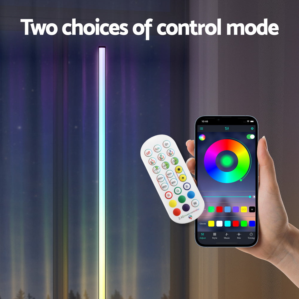 Black RGB LED floor lamp with remote control, 150cm tall, USB powered, suitable for home lighting and modern decor.