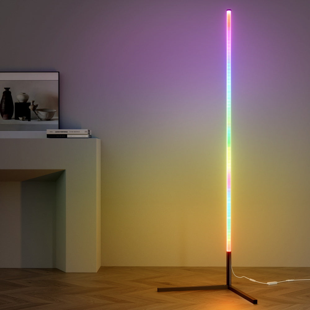 Black RGB LED floor lamp with remote control, 150cm tall, USB powered, modern lighting for home and garden.