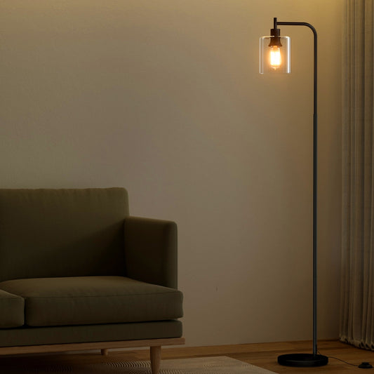 Floor Lamp – Glass Shade, Black Metal, Modern Design