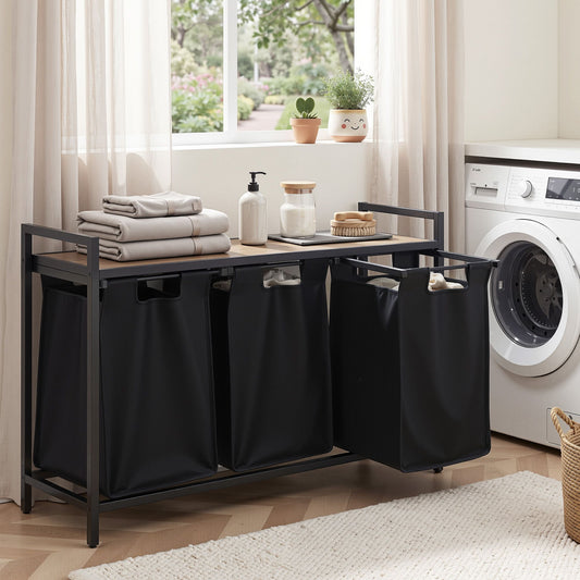 Laundry Basket with 3 Pull-Out Bags – Metal Frame, Black