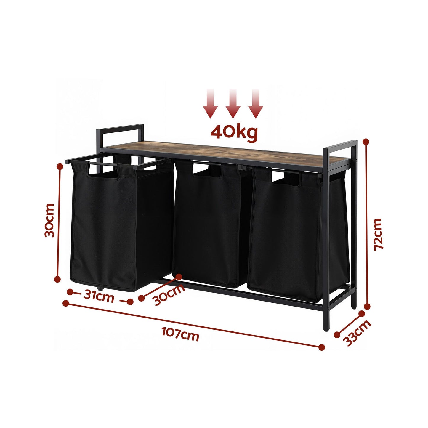 Laundry Basket with 3 Pull-Out Bags – Metal Frame, Black