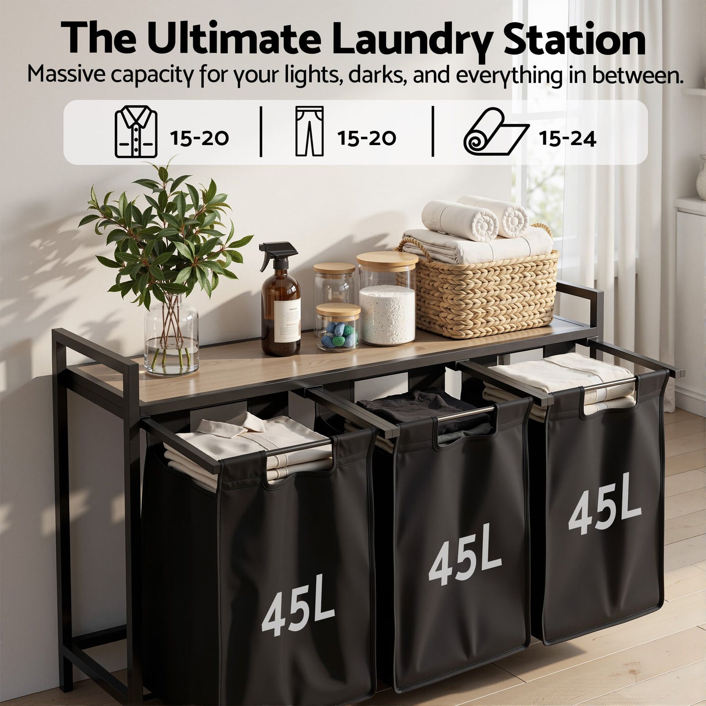 Laundry Basket with 3 Pull-Out Bags – Metal Frame, Black