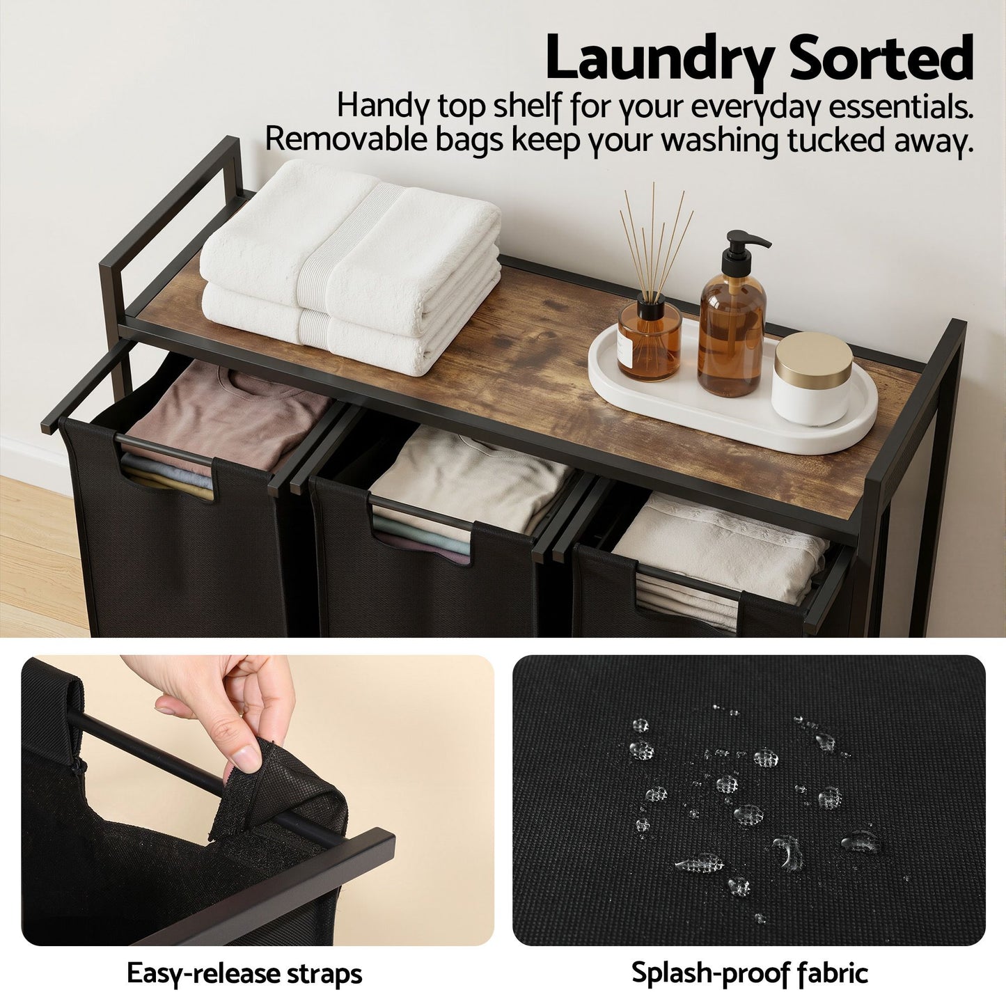 Laundry Basket with 3 Pull-Out Bags – Metal Frame, Black