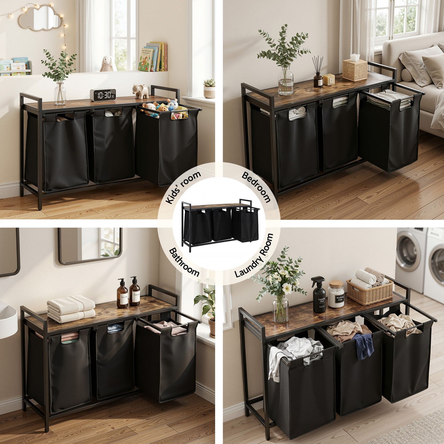 Laundry Basket with 3 Pull-Out Bags – Metal Frame, Black