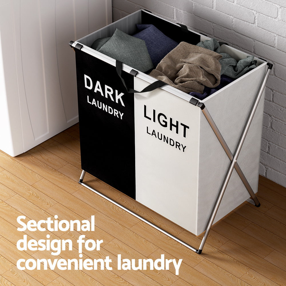 Laundry Basket Hamper – Large Foldable with 2 Sections, Aluminum Frame