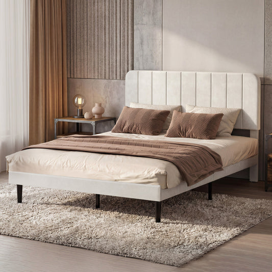 Levede Double Bed Frame Upholstered Adjustable Headboard Bed Platform White-2065254299478396935