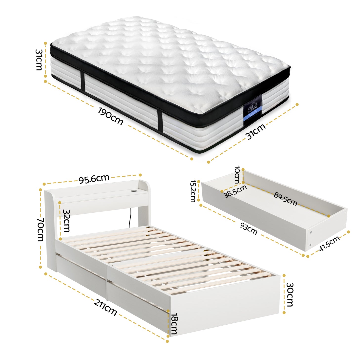 Giselle Single Mattress with 5-Zone Pocket Springs and Wooden Storage Bed Frame Set