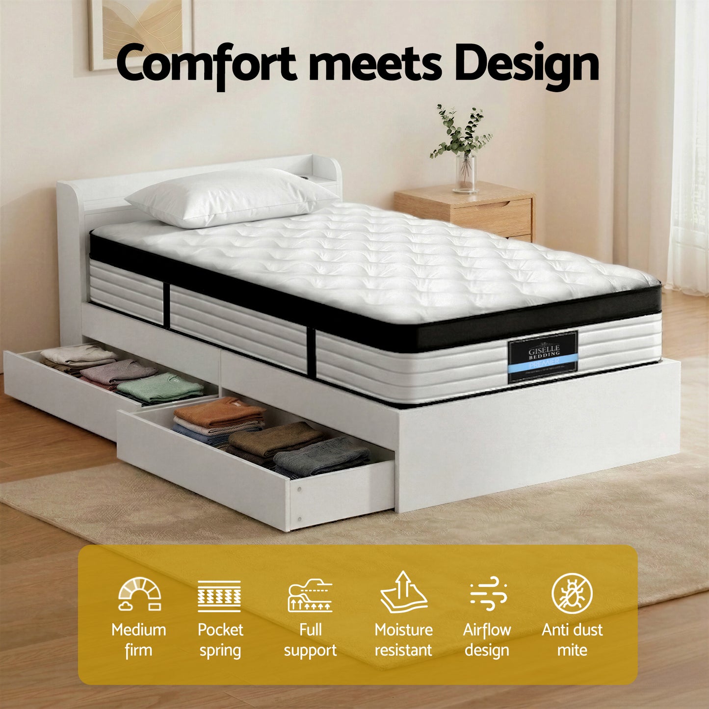 Giselle Single Mattress with 5-Zone Pocket Springs and Wooden Storage Bed Frame Set
