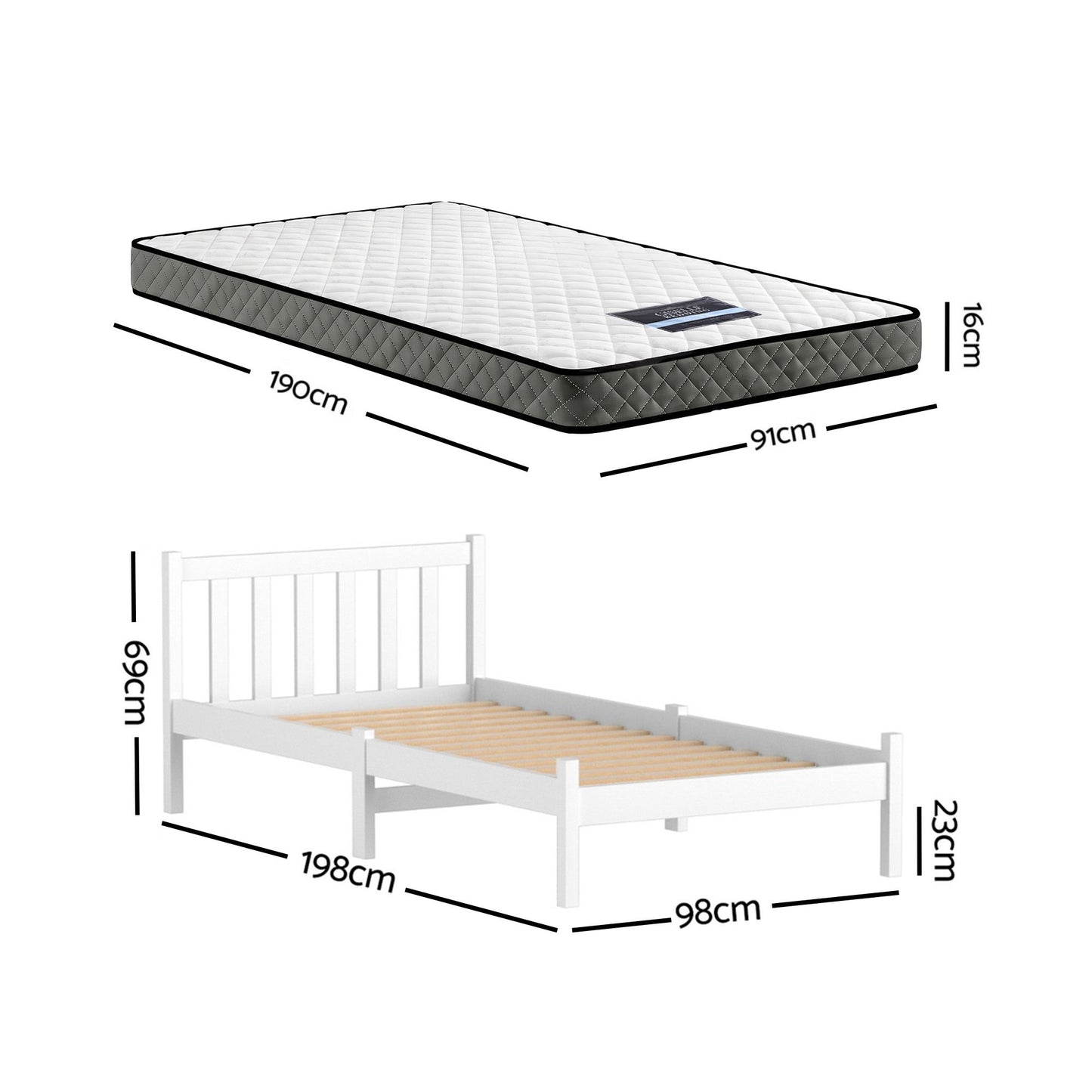 Giselle Single Bed Set – Solid Pine Frame with 16cm Mattress, White