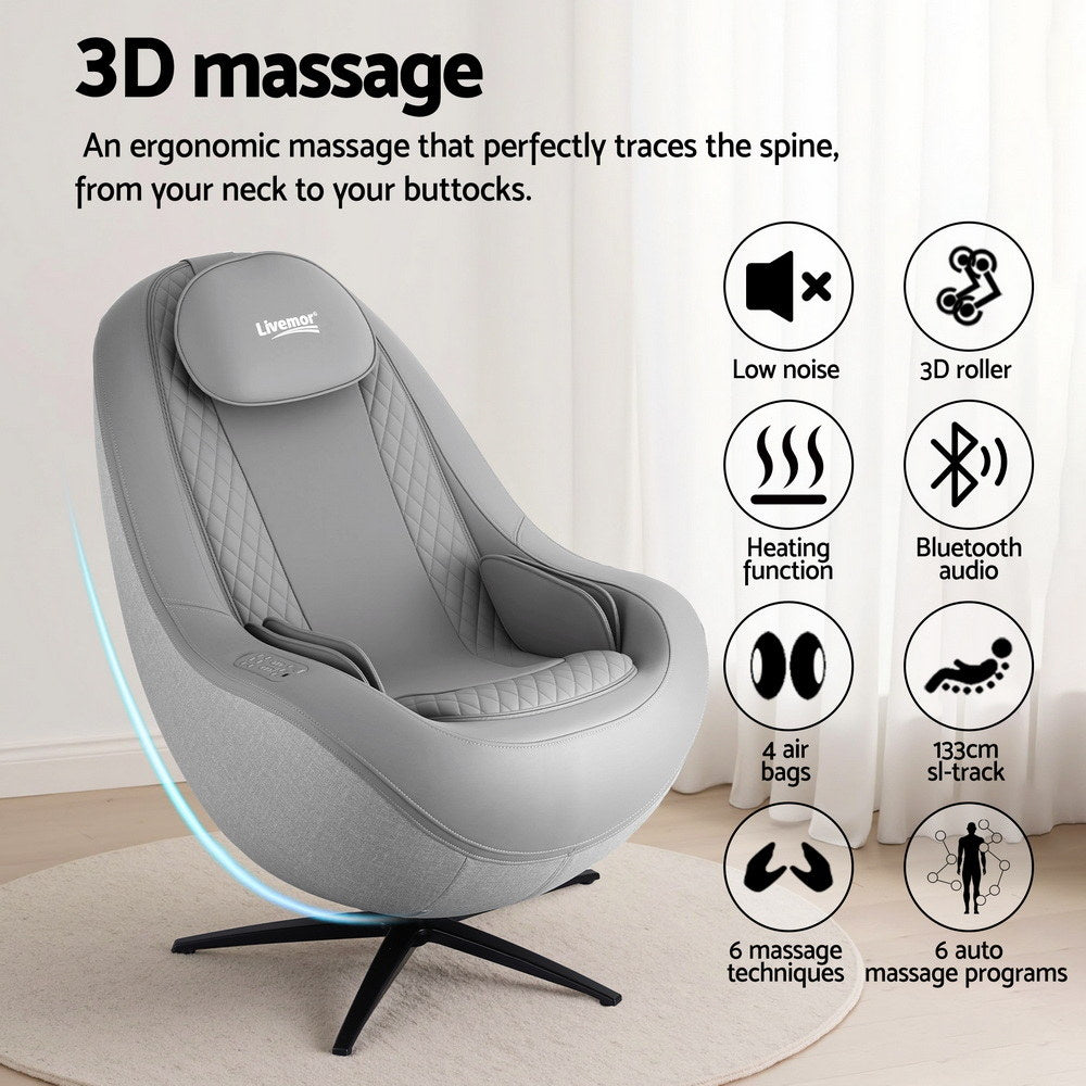 Massage Chair 3D Roli Electric Recliner with Bluetooth Speaker, Grey PU Leather