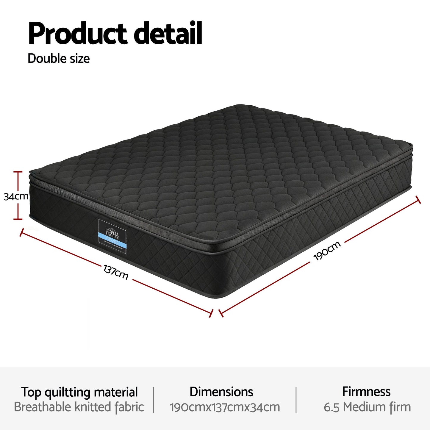 Giselle Bedding Muse Mattress – 34cm Medium Firm, Double, Black Euro Top