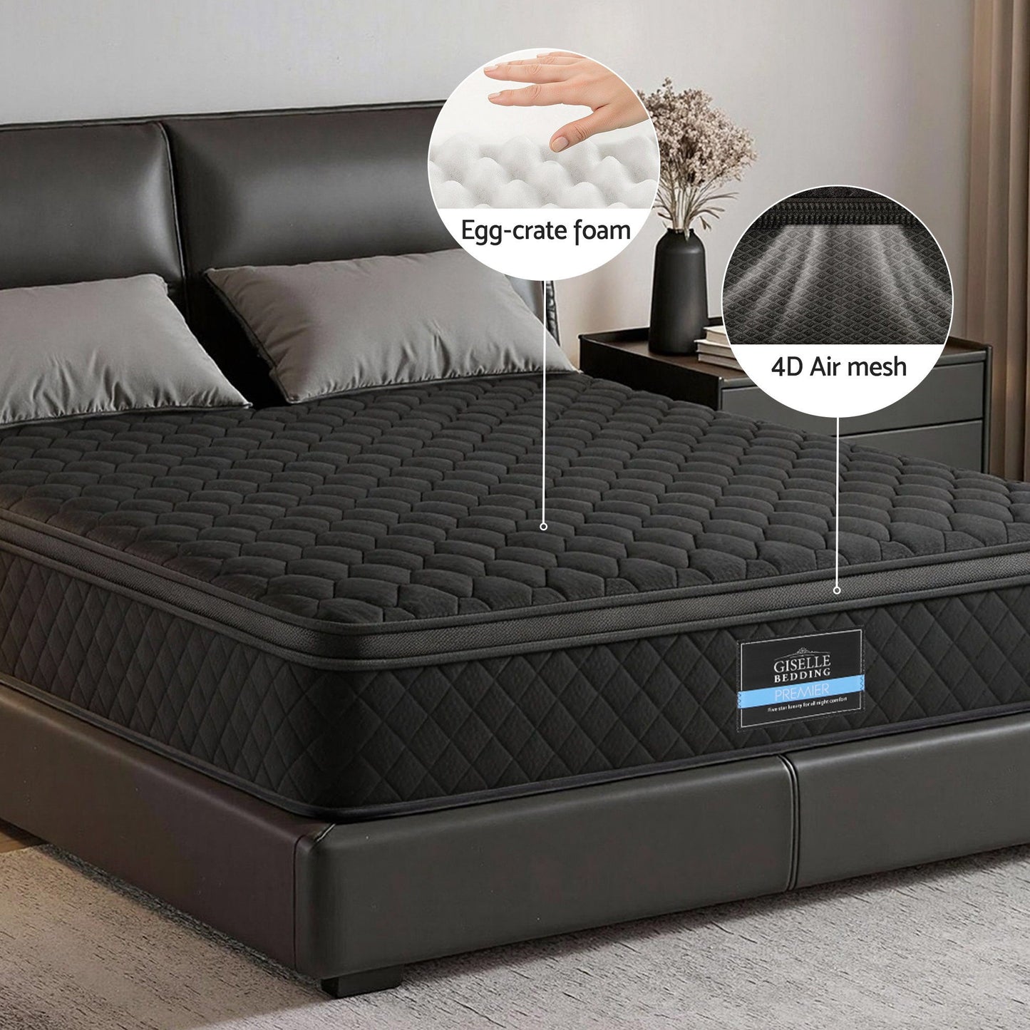 Giselle Bedding Muse Mattress – 34cm Medium Firm, Double, Black Euro Top