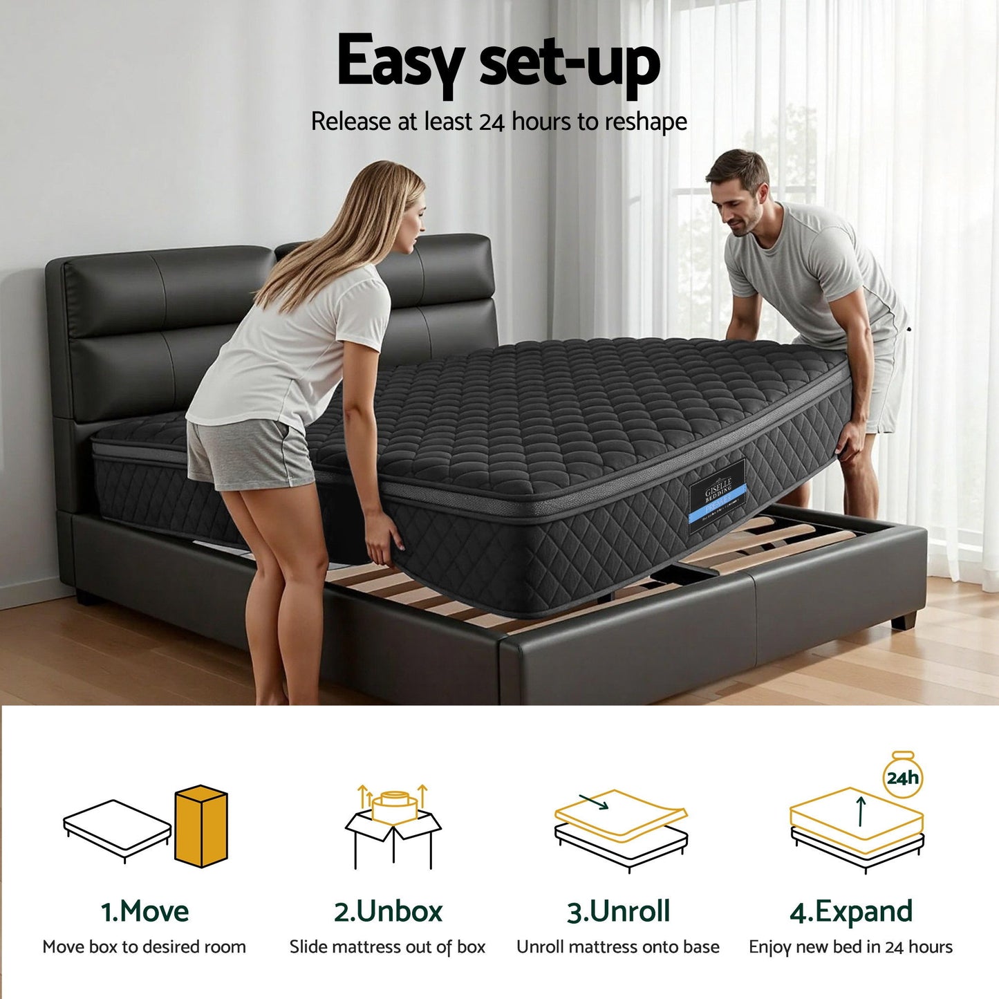 Giselle Bedding Muse Mattress – 34cm Medium Firm, Double, Black Euro Top