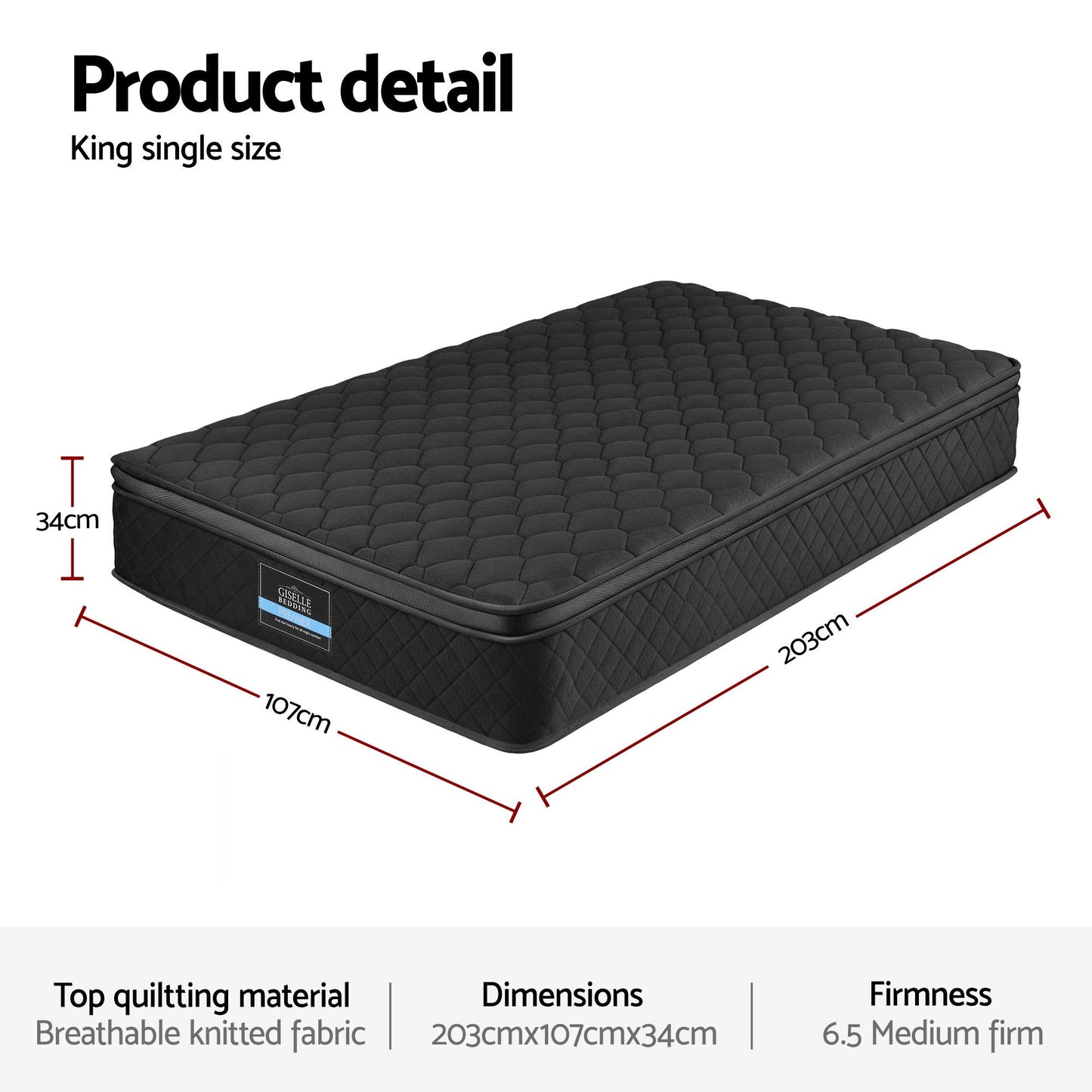 Muse Series Mattress – 34cm Medium-Firm 5-Zone Pocket Spring, King Single, Black Euro Top