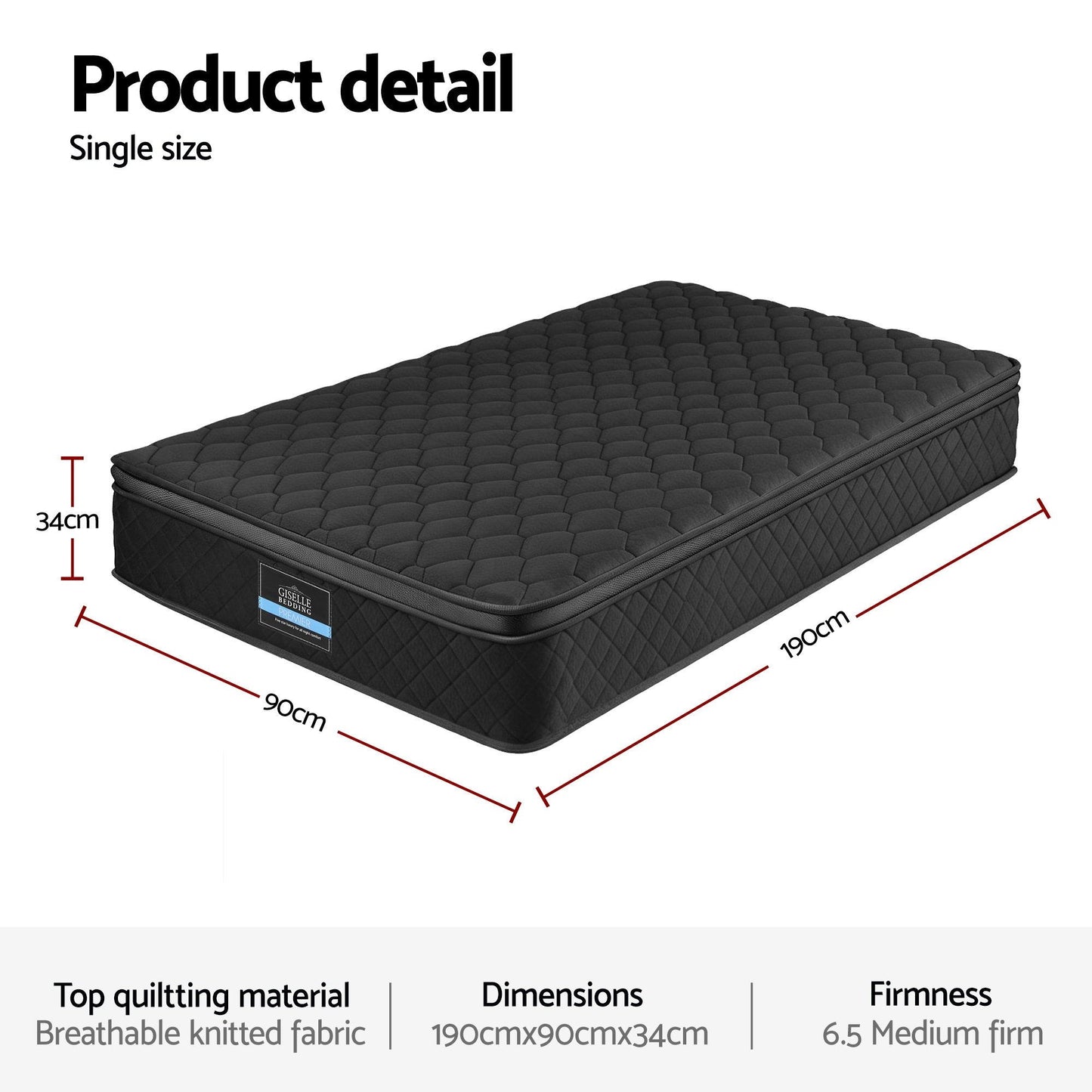 Giselle Bedding Single Mattress 34cm Euro Top with 5-Zone Pocket Spring Support Black