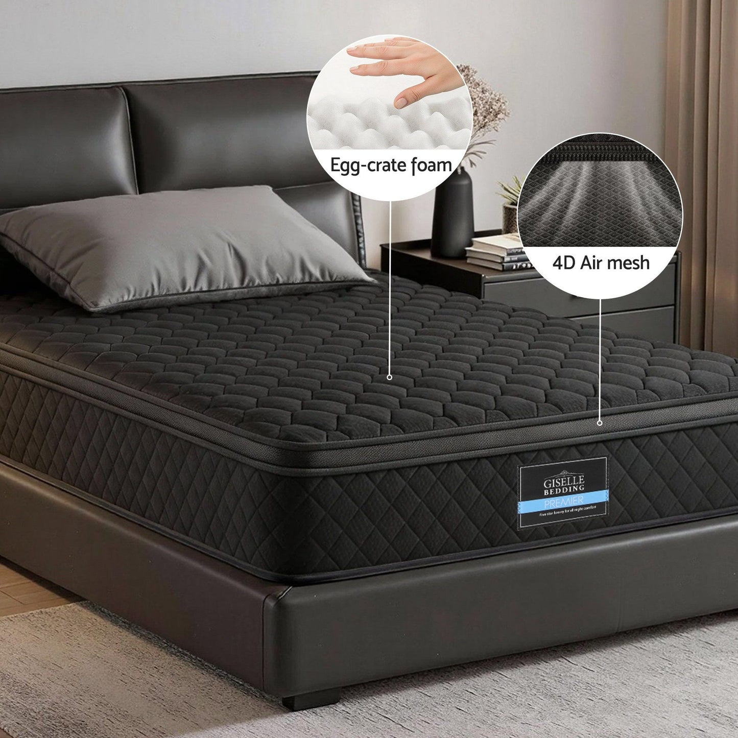 Giselle Bedding Single Mattress 34cm Euro Top with 5-Zone Pocket Spring Support Black