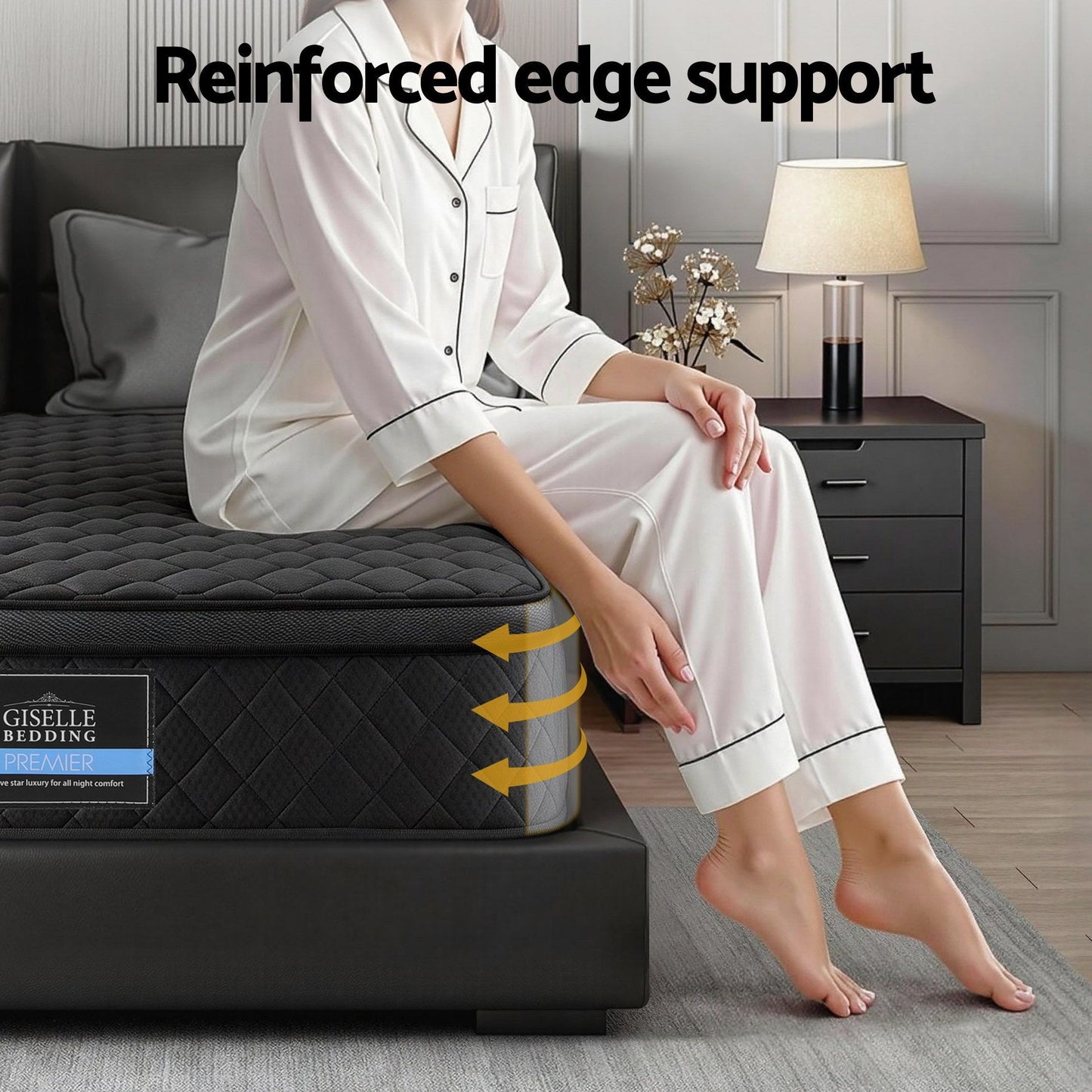 Giselle Bedding Single Mattress 34cm Euro Top with 5-Zone Pocket Spring Support Black