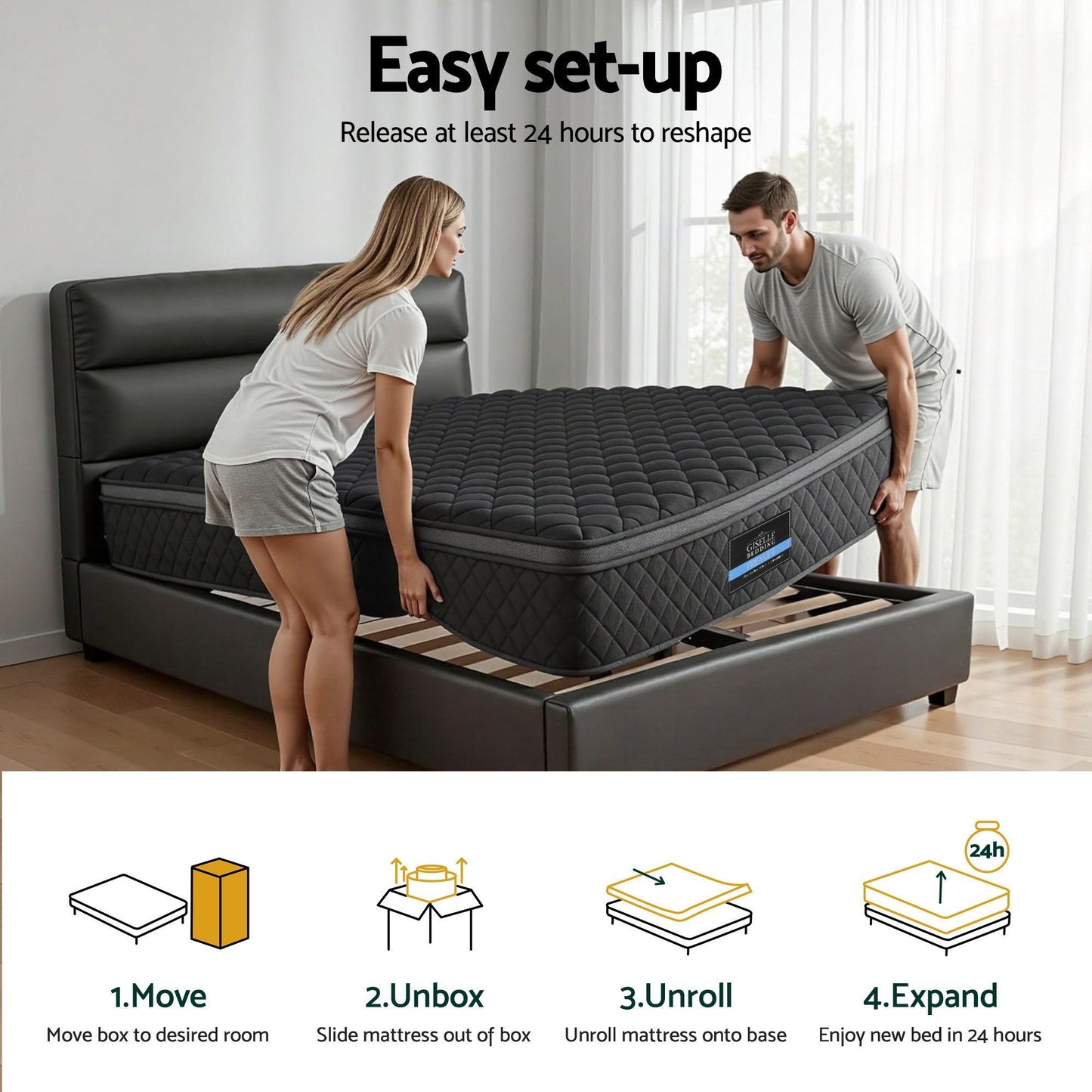 Giselle Bedding Single Mattress 34cm Euro Top with 5-Zone Pocket Spring Support Black