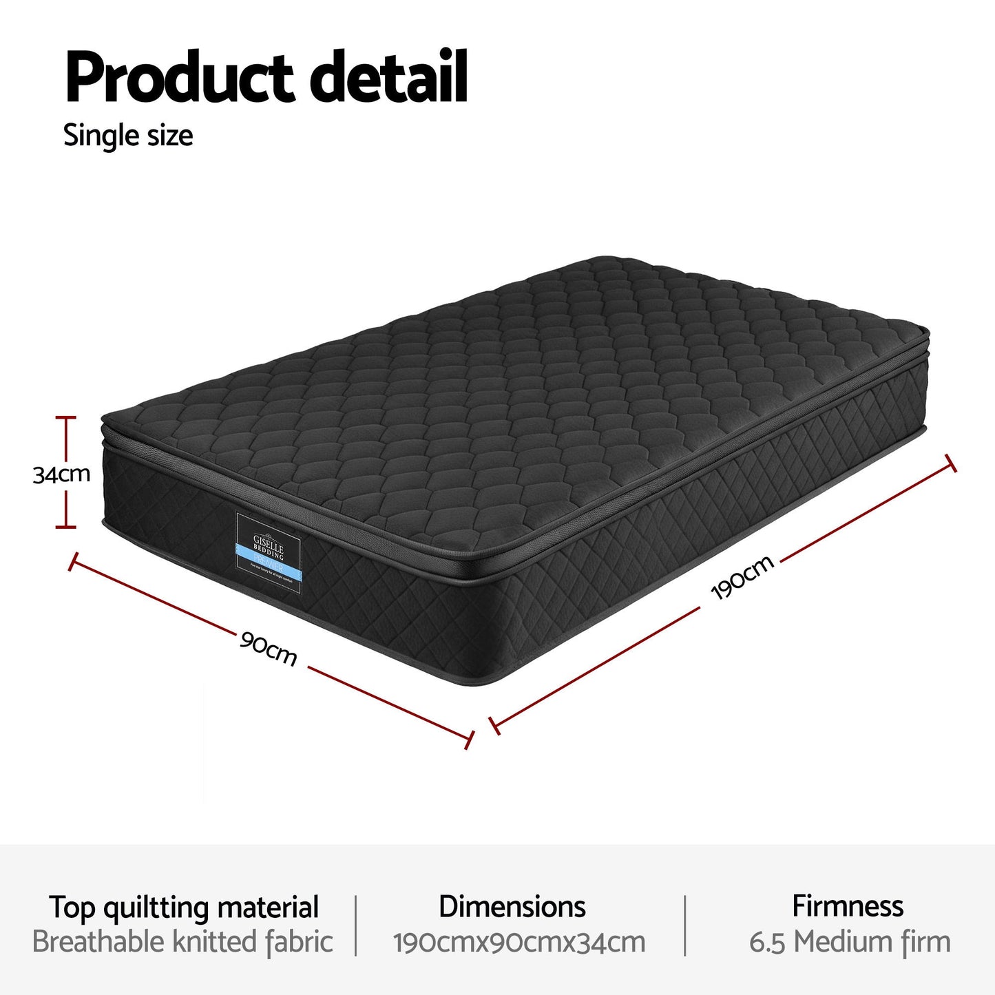 Muse Series Mattress – 5-Zone Pocket Spring, 34cm Single, Black Euro Top