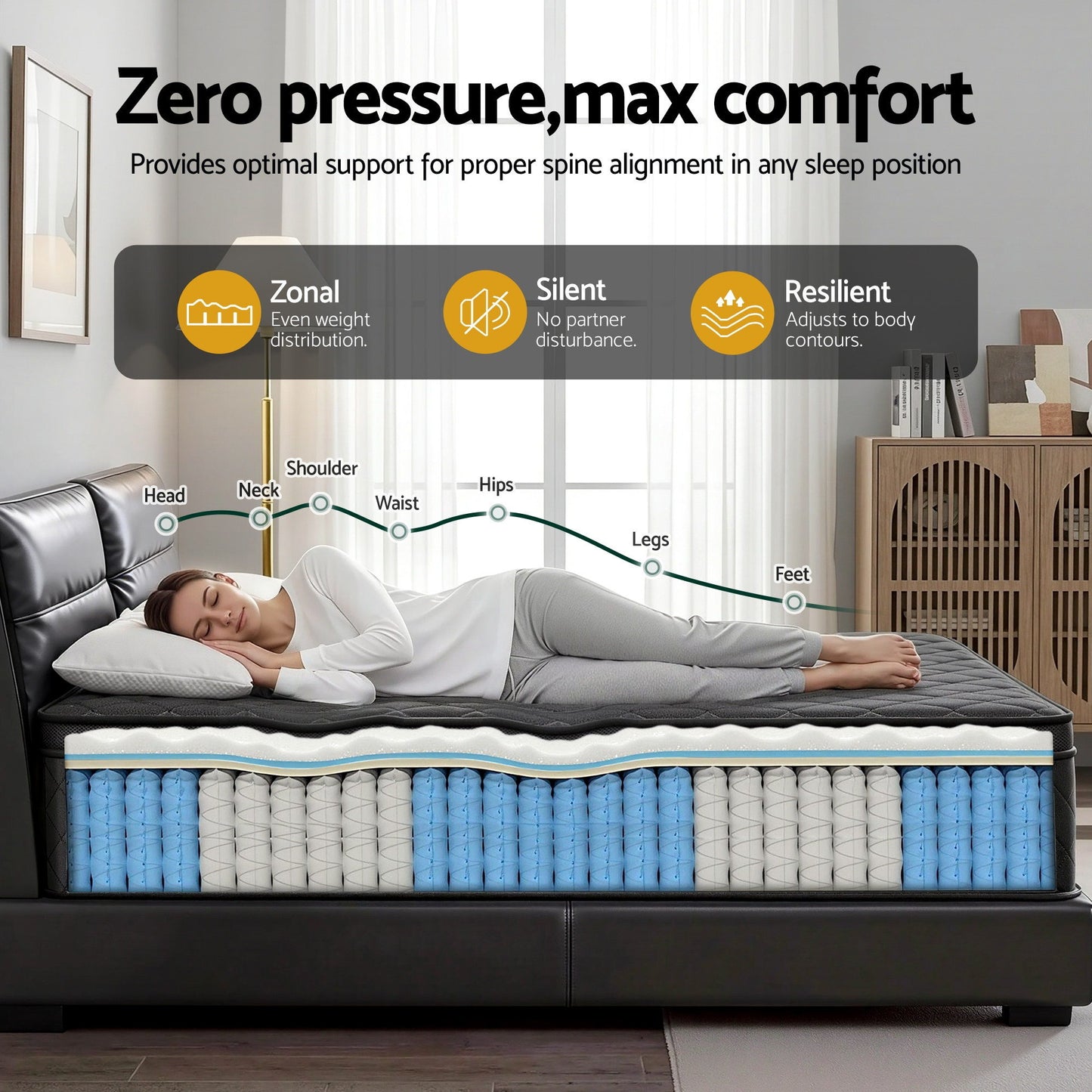 Muse Series Mattress – 5-Zone Pocket Spring, 34cm Single, Black Euro Top