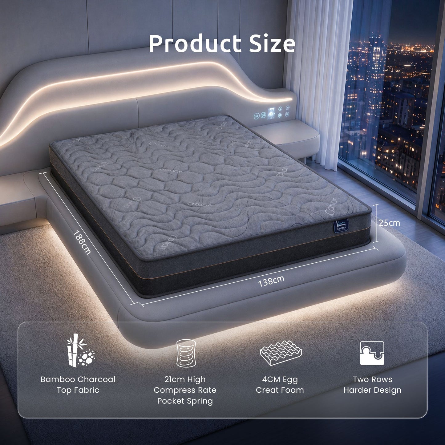 Double Hybrid Mattress – 25cm Pocket Spring with Bamboo Charcoal Fabric and Egg Crate Foam