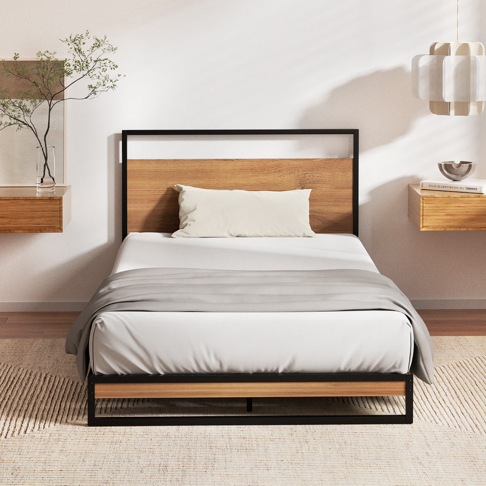 Dane Metal Bed Frame with Pocket Spring Mattress – Single, Black & Wood Finish