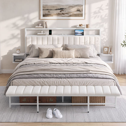 TWSC King Metal Bed Frame Boucle Headboard Charging Station Side Table White