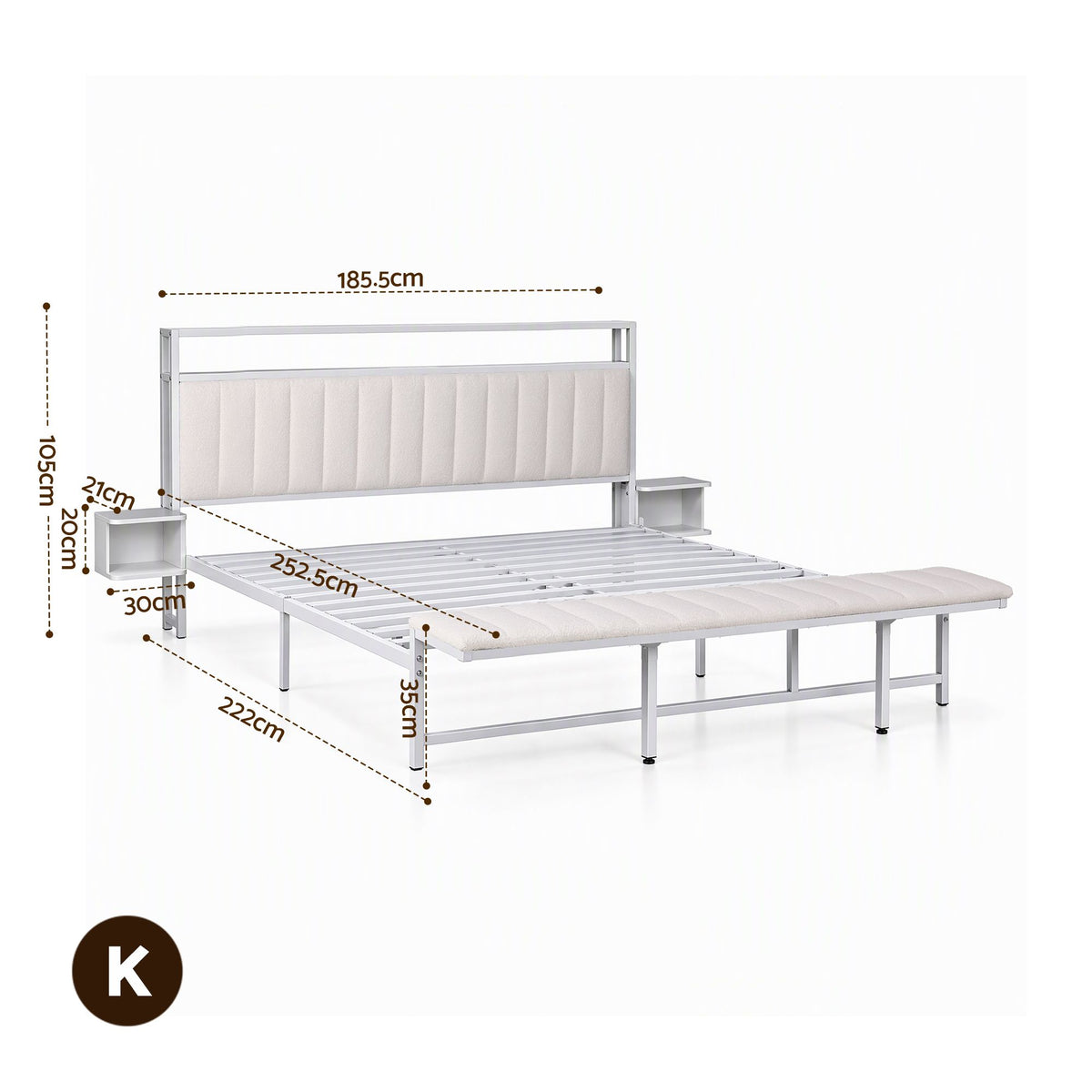 TWSC King Metal Bed Frame Boucle Headboard Charging Station Side Table White