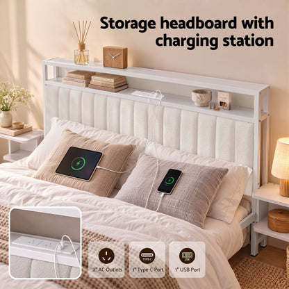 TWSC King Metal Bed Frame Boucle Headboard Charging Station Side Table White