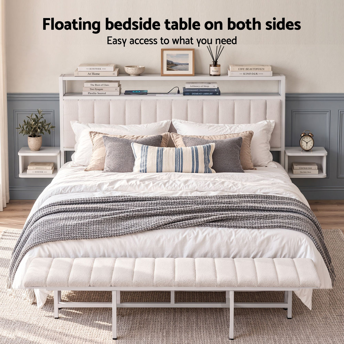 TWSC King Metal Bed Frame Boucle Headboard Charging Station Side Table White