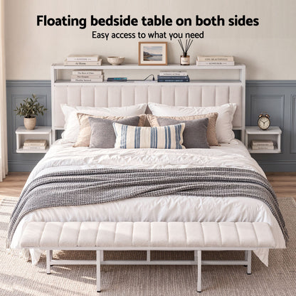 TWSC King Metal Bed Frame Boucle Headboard Charging Station Side Table White