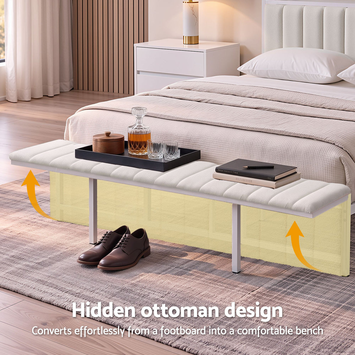 TWSC King Metal Bed Frame Boucle Headboard Charging Station Side Table White