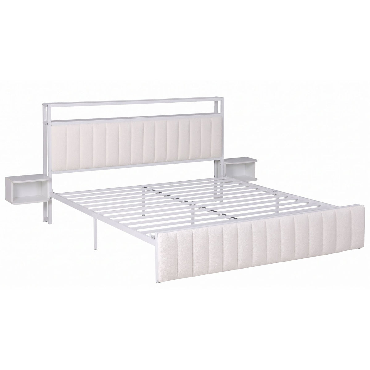 TWSC King Metal Bed Frame Boucle Headboard Charging Station Side Table White