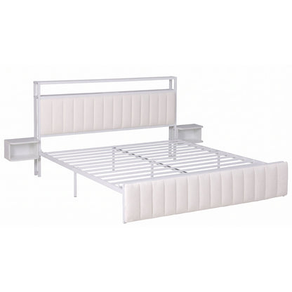 TWSC King Metal Bed Frame Boucle Headboard Charging Station Side Table White