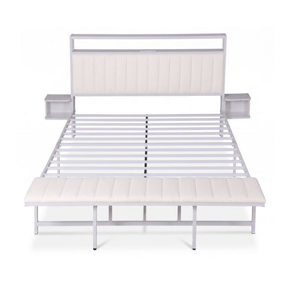 TWSC King Metal Bed Frame Boucle Headboard Charging Station Side Table White