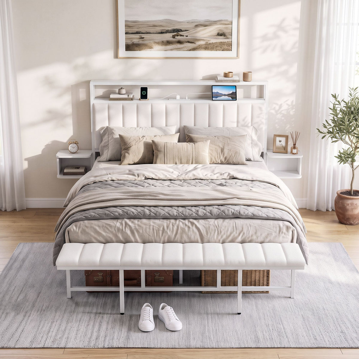 TWSC Queen Metal Bed Frame Boucle Headboard Charging Station Side Table White