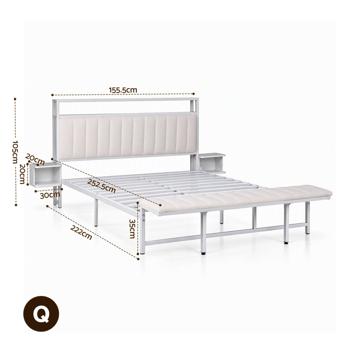 TWSC Queen Metal Bed Frame Boucle Headboard Charging Station Side Table White