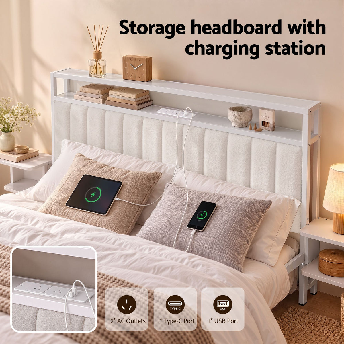 TWSC Queen Metal Bed Frame Boucle Headboard Charging Station Side Table White