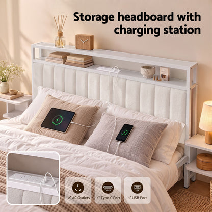 TWSC Queen Metal Bed Frame Boucle Headboard Charging Station Side Table White