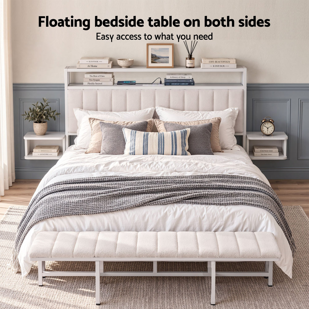 TWSC Queen Metal Bed Frame Boucle Headboard Charging Station Side Table White