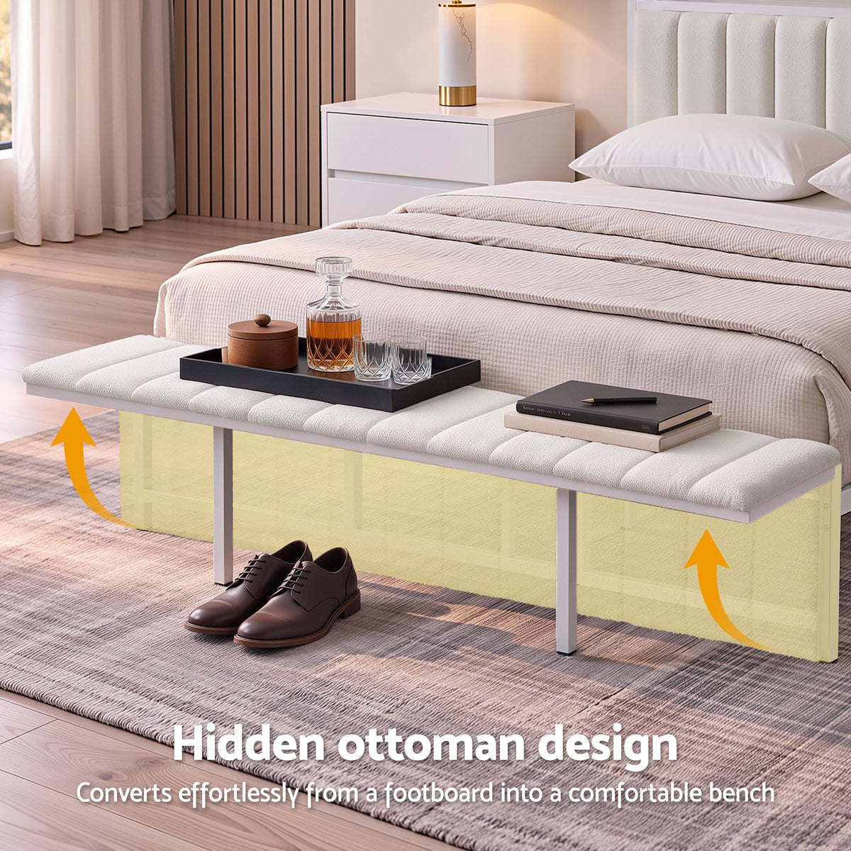 TWSC Queen Metal Bed Frame Boucle Headboard Charging Station Side Table White