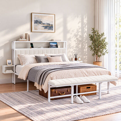 TWSC Queen Metal Bed Frame Boucle Headboard Charging Station Side Table White