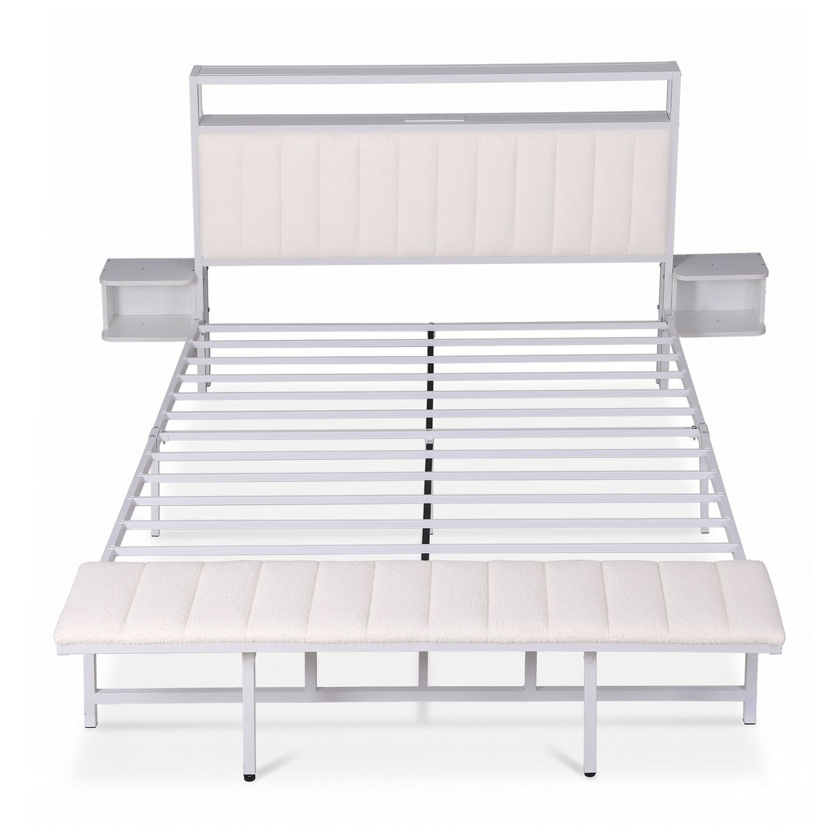 TWSC Queen Metal Bed Frame Boucle Headboard Charging Station Side Table White