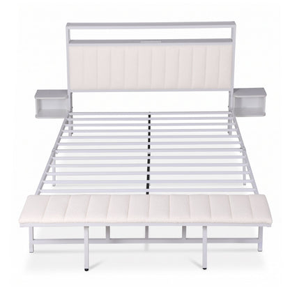 TWSC Queen Metal Bed Frame Boucle Headboard Charging Station Side Table White