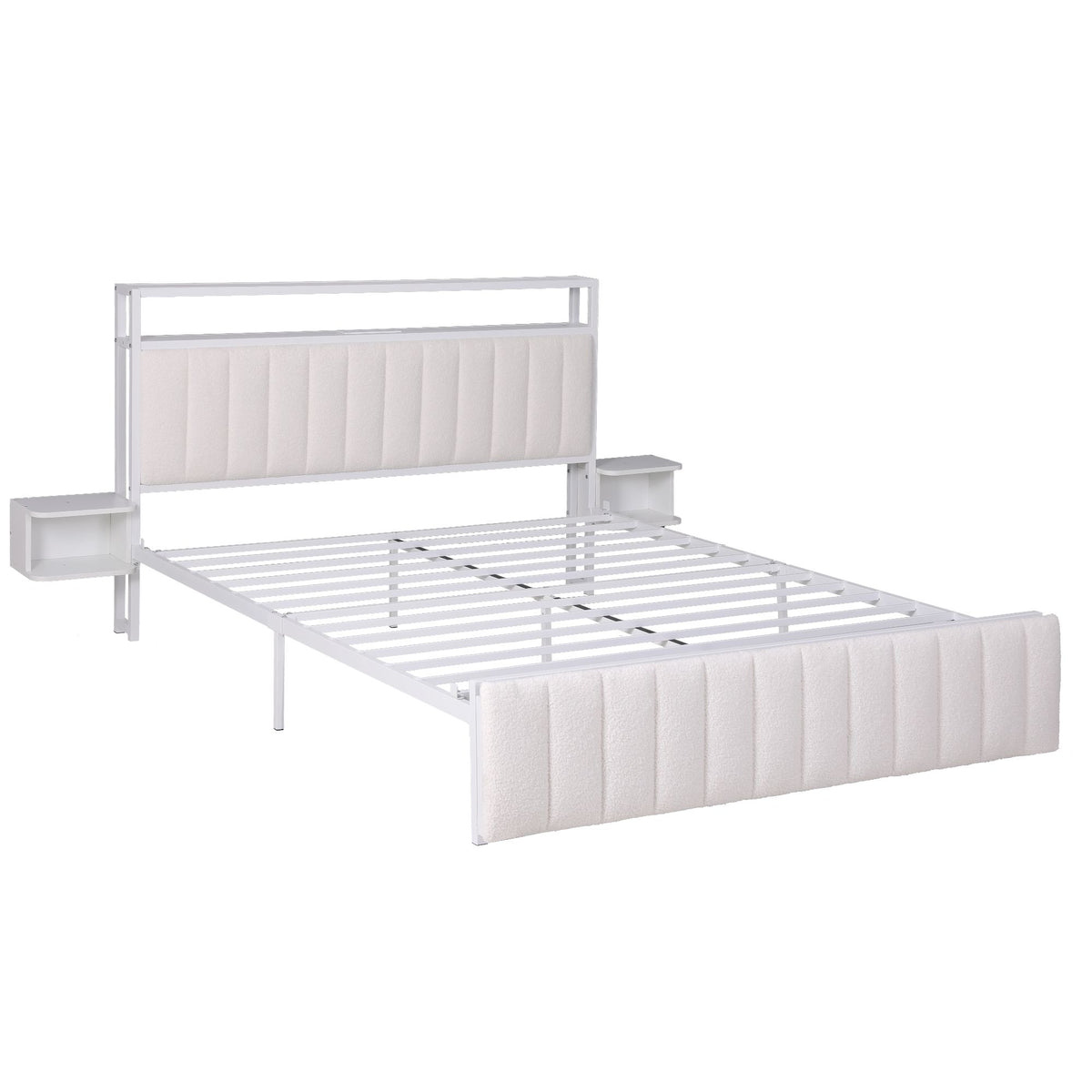 TWSC Queen Metal Bed Frame Boucle Headboard Charging Station Side Table White