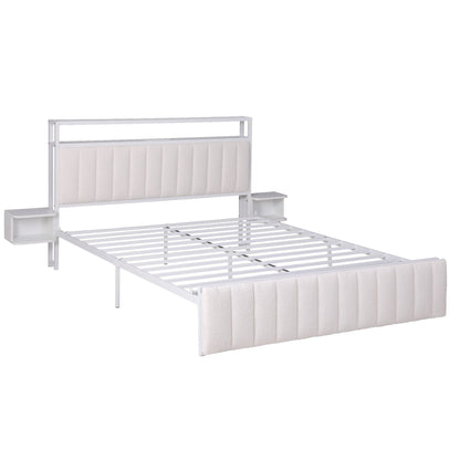 TWSC Queen Metal Bed Frame Boucle Headboard Charging Station Side Table White