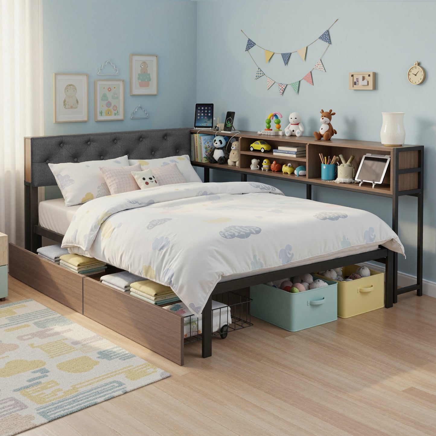 TWSC Bed Frame King Single Size with 2 Drawers and Charging Station Metal Corner Bed Base