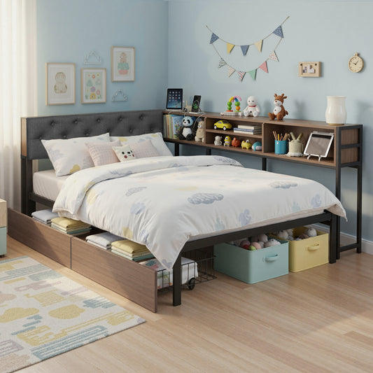 TWSC Bed Frame King Single Size with 2 Drawers and Charging Station Metal Corner Bed Base